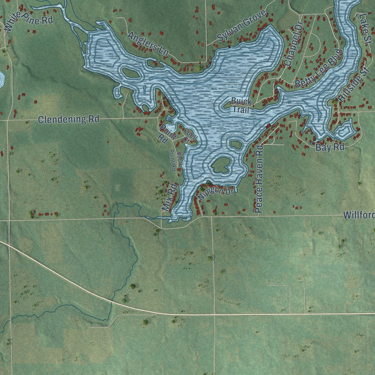 Close-up of the map of Sage, Michigan print showing street and building detail