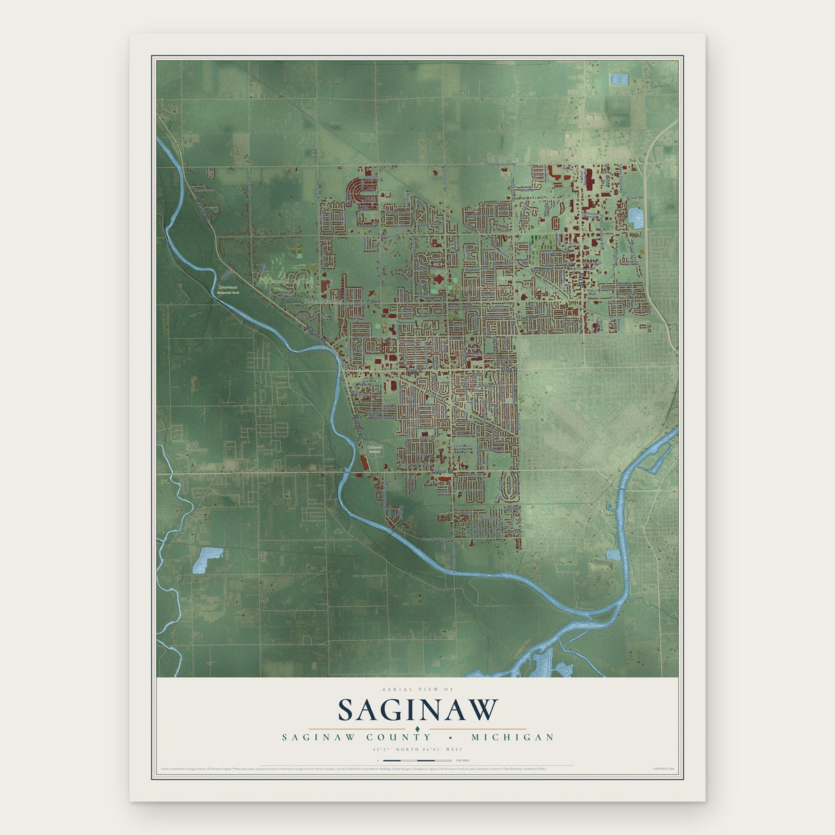 Saginaw, Saginaw County, Michigan map print, the full design