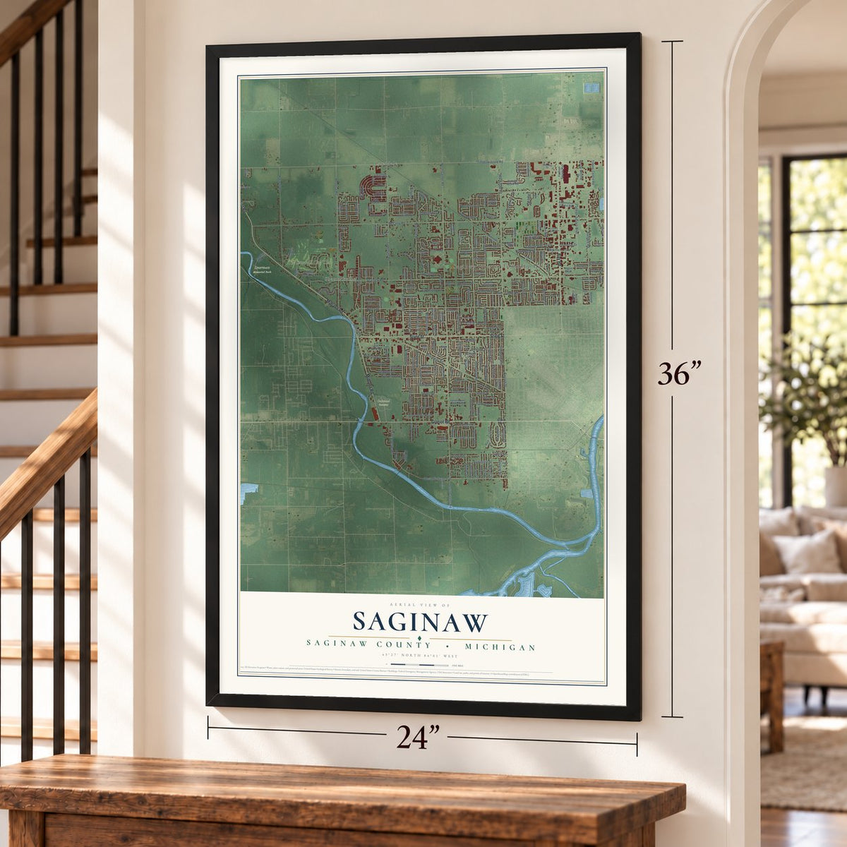 Saginaw, Saginaw County, Michigan map, 24 x 36 inch print in a black frame by a staircase