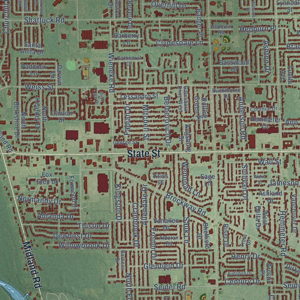 Close-up of the map of Saginaw, Saginaw County, Michigan print showing street and building detail