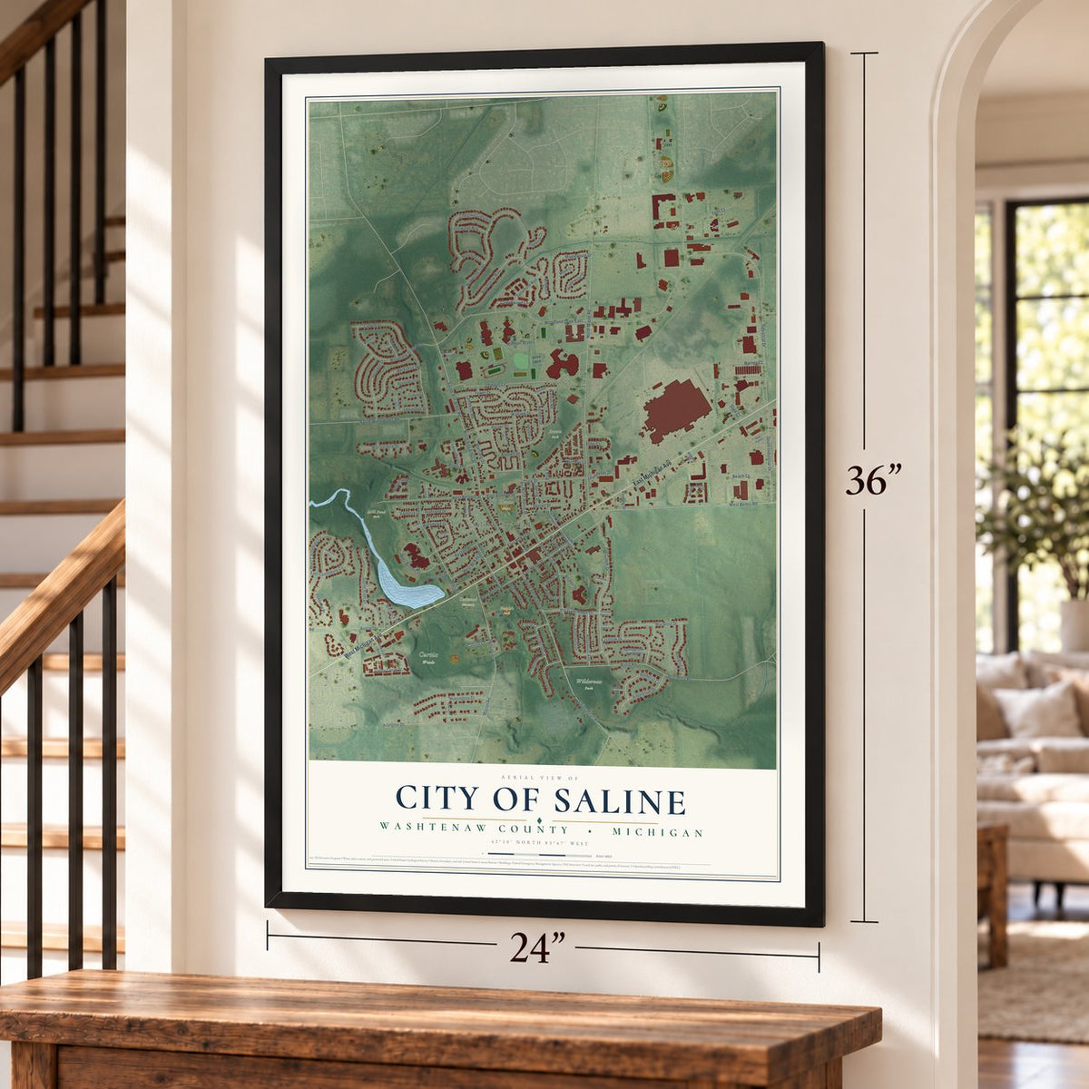 Saline, Michigan map, 24 x 36 inch print in a black frame by a staircase