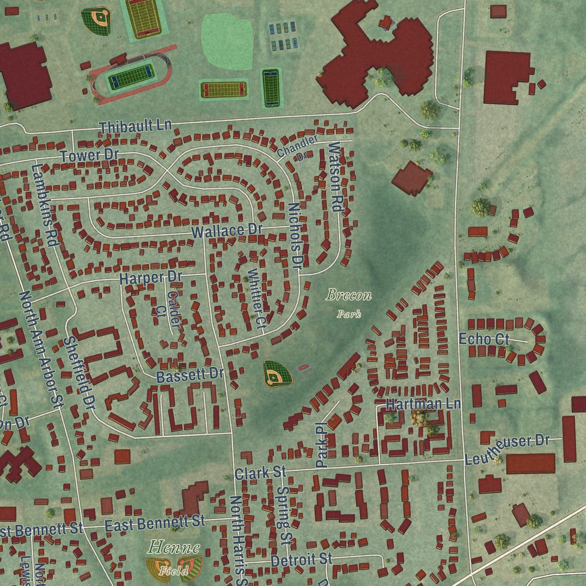Close-up of the map of Saline, Michigan print showing street and building detail