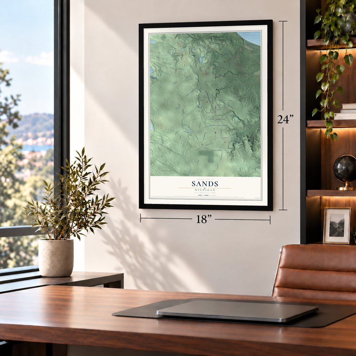 Sands, Michigan map, 18 x 24 inch print in a black frame in a home office