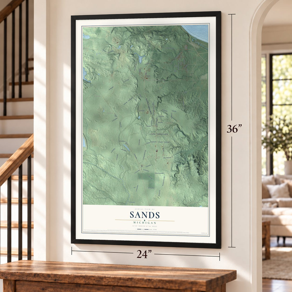 Sands, Michigan map, 24 x 36 inch print in a black frame by a staircase