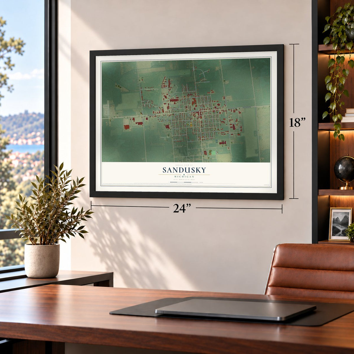Sandusky, Michigan map, 18 x 24 inch print in a black frame in a home office