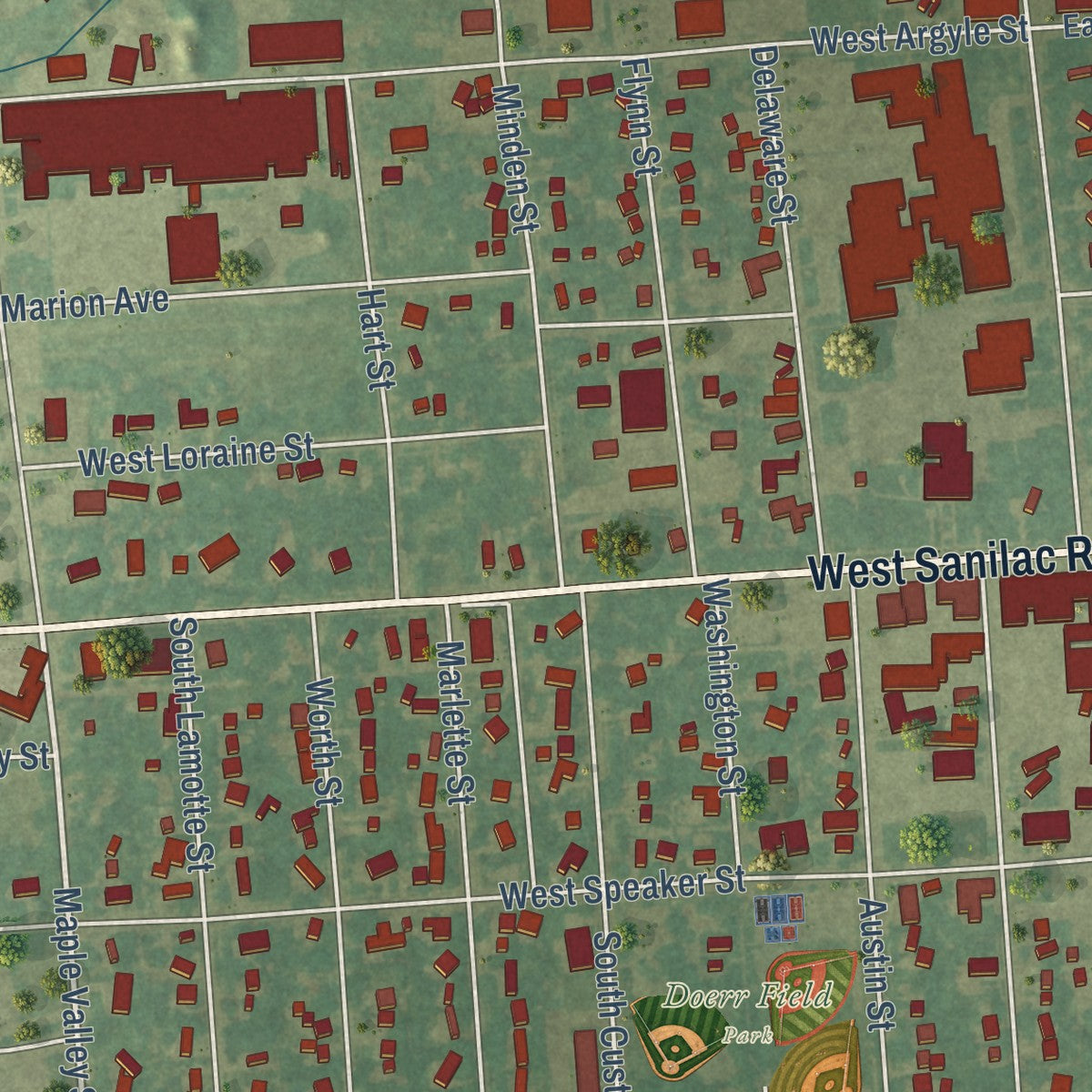 Close-up of the map of Sandusky, Michigan print showing street and building detail