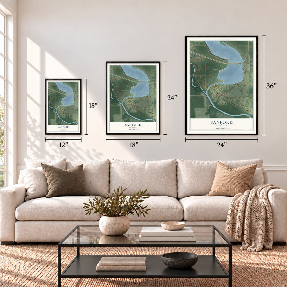 Sanford, Michigan map in 12 x 18, 18 x 24 and 24 x 36 inch sizes above a sofa