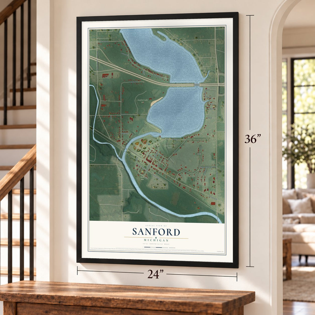Sanford, Michigan map, 24 x 36 inch print in a black frame by a staircase