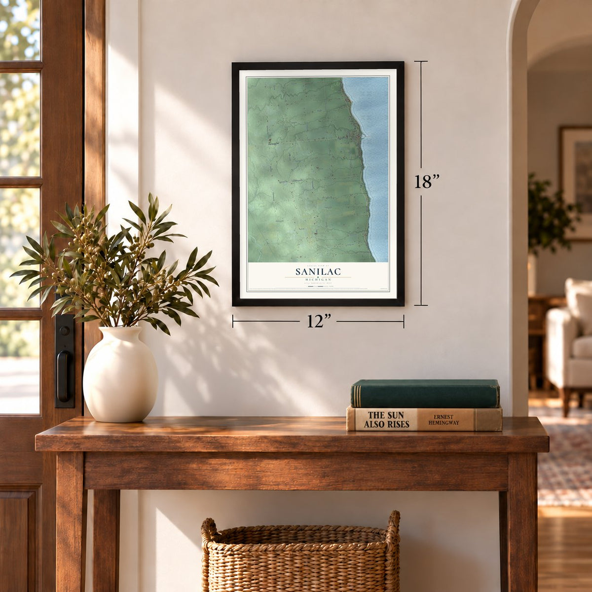 Sanilac, Michigan map, 12 x 18 inch print in a black frame in an entryway