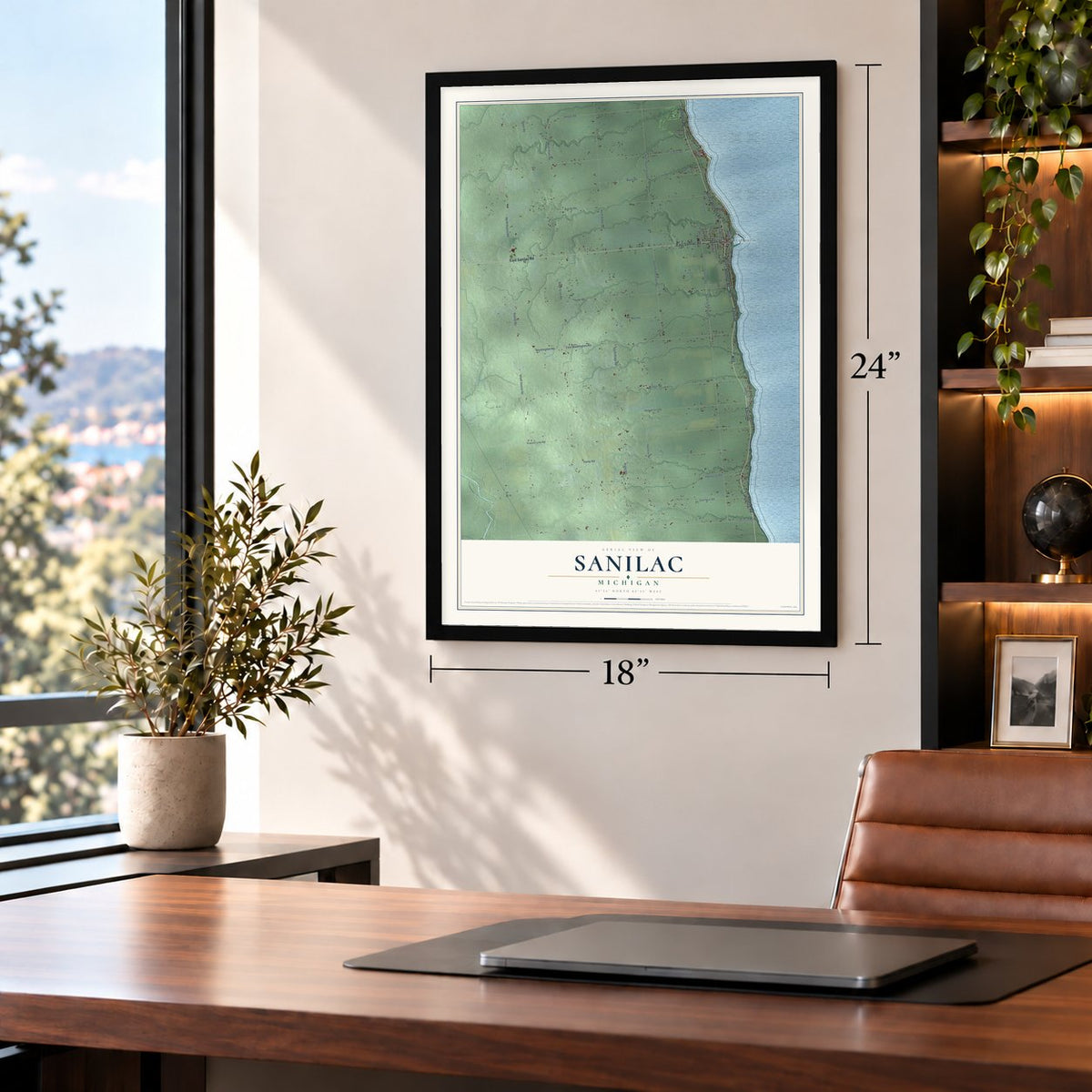 Sanilac, Michigan map, 18 x 24 inch print in a black frame in a home office