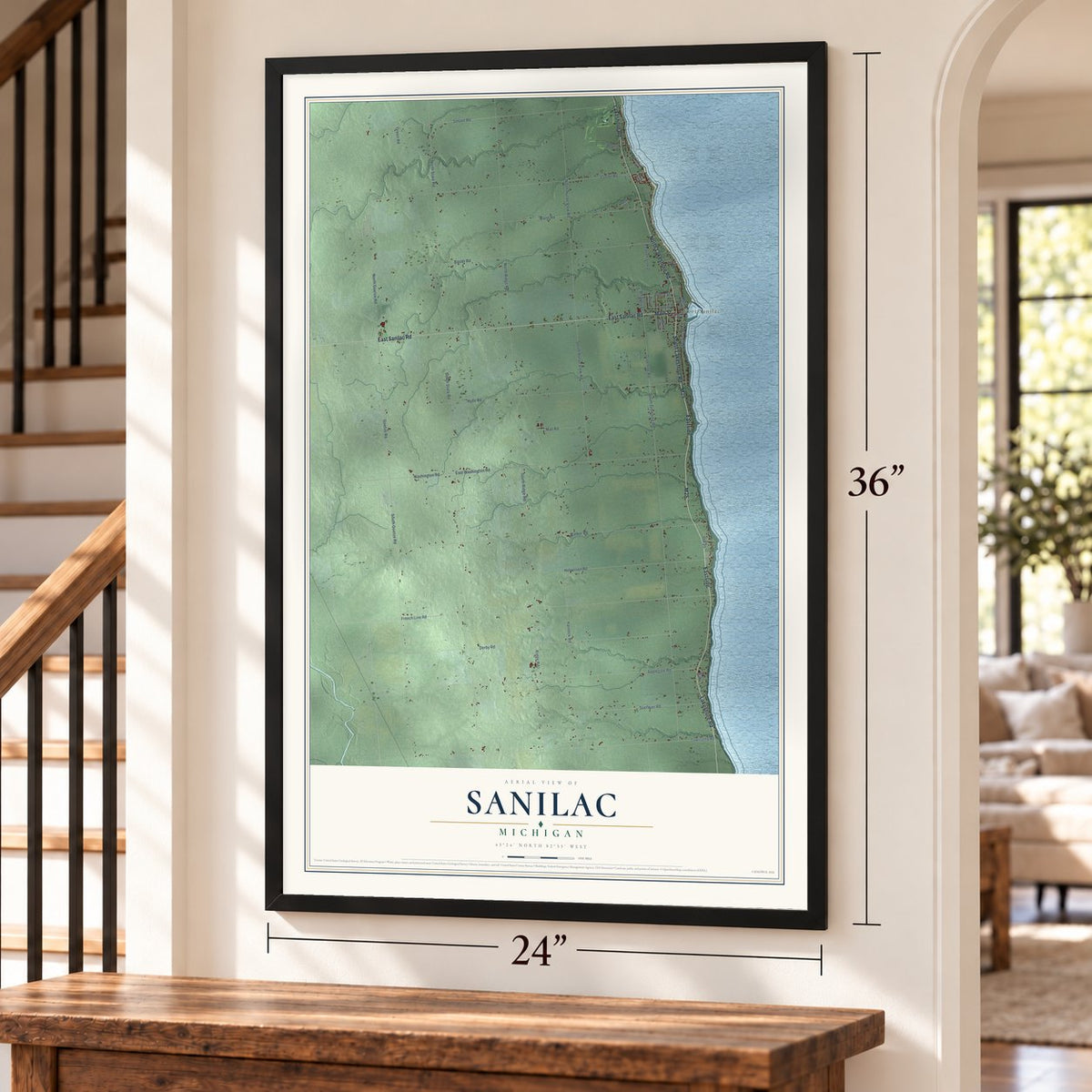 Sanilac, Michigan map, 24 x 36 inch print in a black frame by a staircase