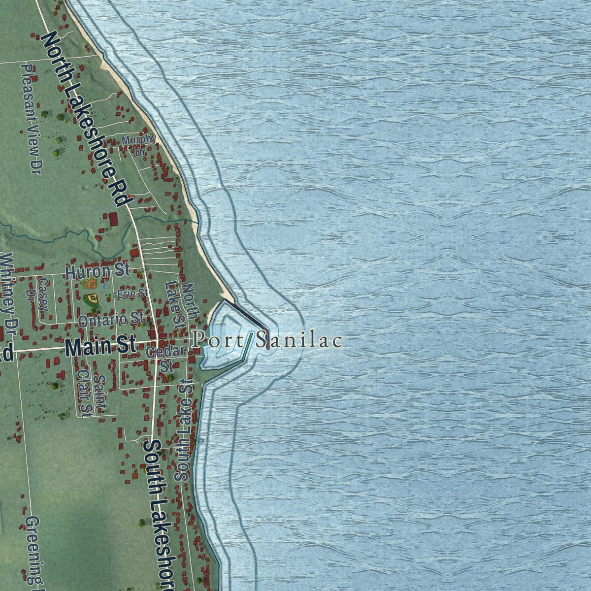 Close-up of the map of Sanilac, Michigan print showing street and building detail