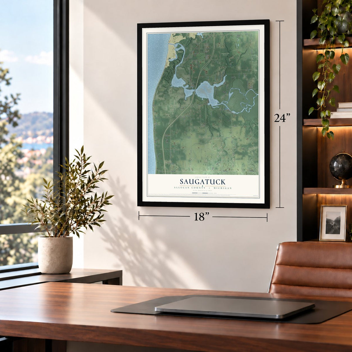 Saugatuck, Allegan County, Michigan map, 18 x 24 inch print in a black frame in a home office
