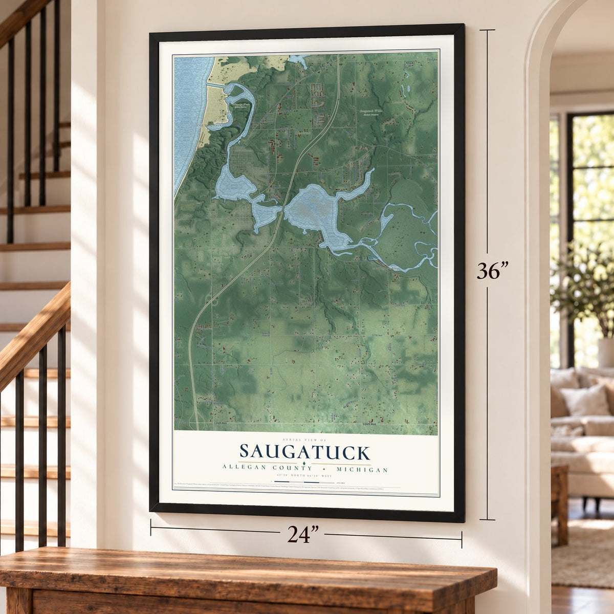 Saugatuck, Allegan County, Michigan map, 24 x 36 inch print in a black frame by a staircase