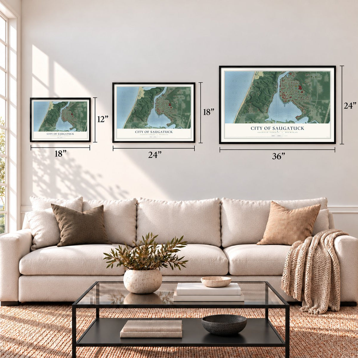 Saugatuck, Michigan map in 12 x 18, 18 x 24 and 24 x 36 inch sizes above a sofa