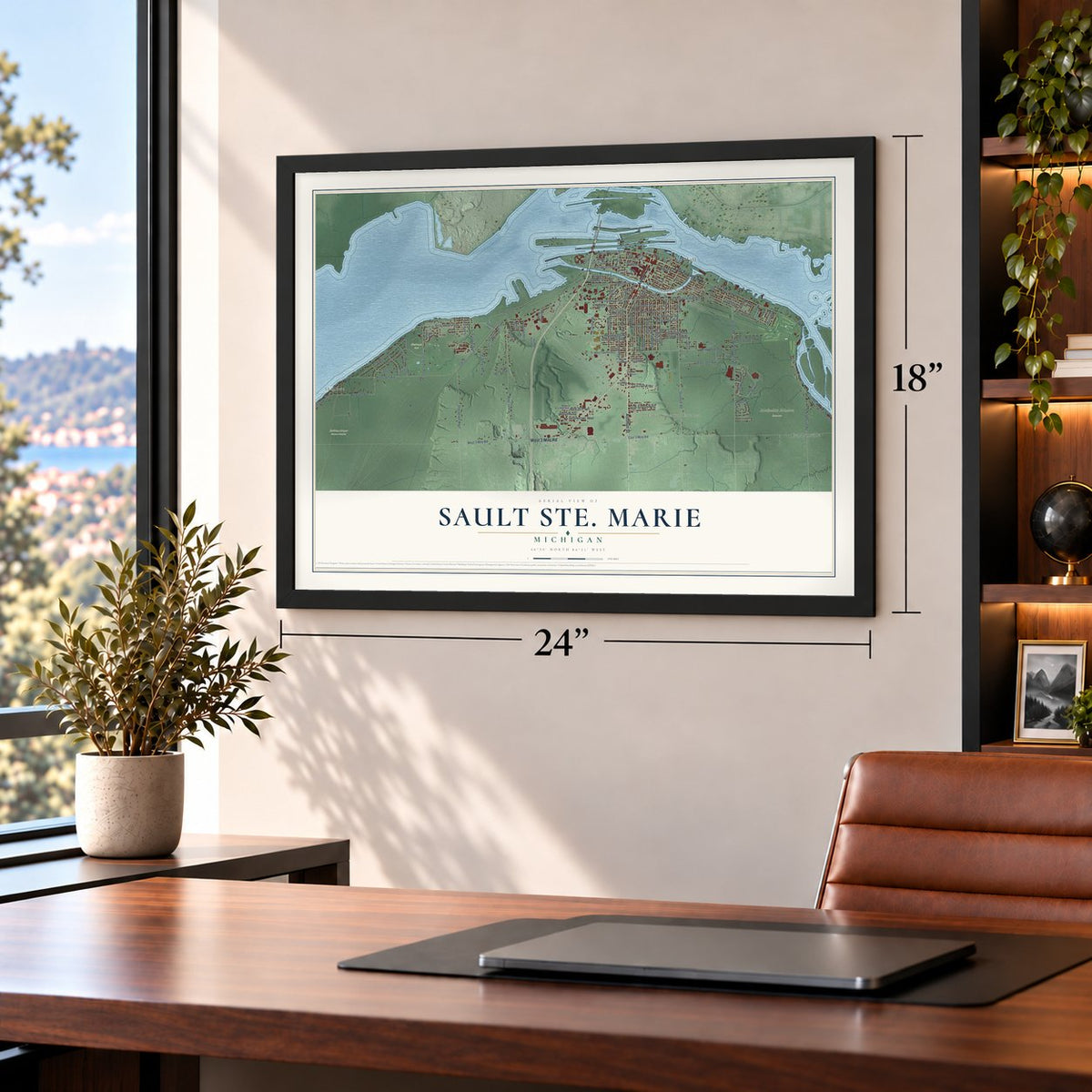 Sault Ste. Marie, Michigan map, 18 x 24 inch print in a black frame in a home office