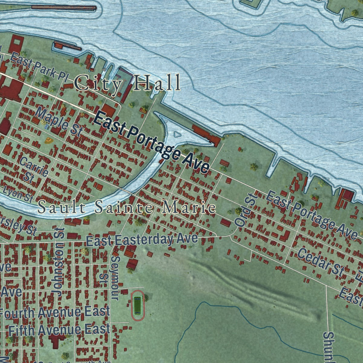 Close-up of the map of Sault Ste. Marie, Michigan print showing street and building detail