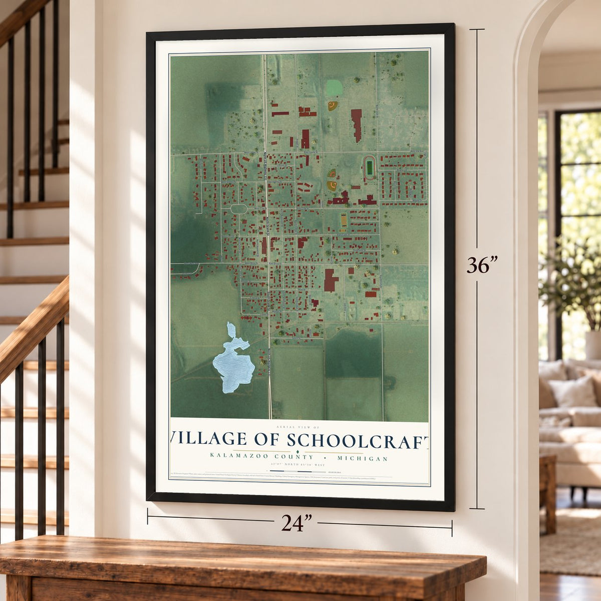 Schoolcraft, Michigan map, 24 x 36 inch print in a black frame by a staircase