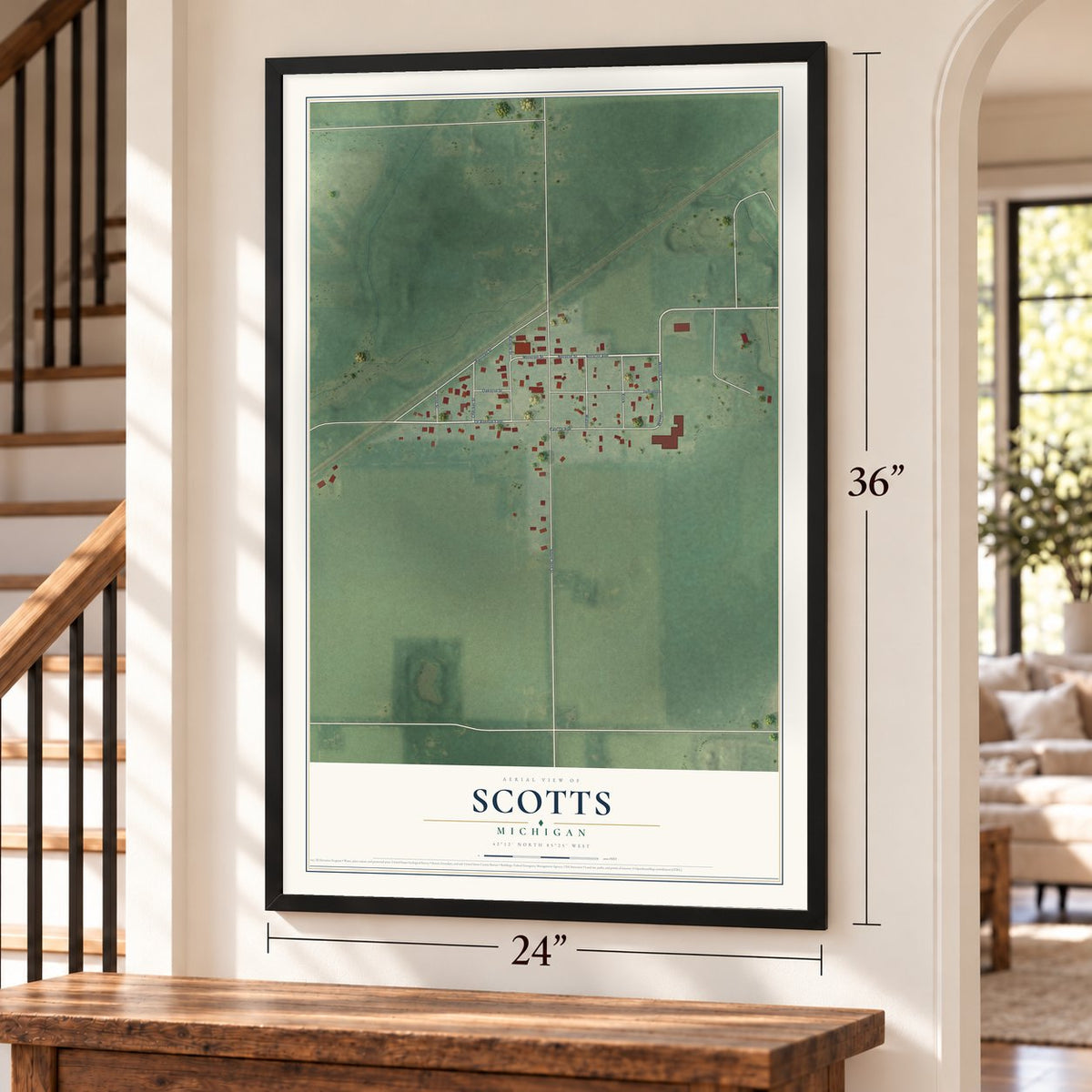 Scotts, Michigan map, 24 x 36 inch print in a black frame by a staircase