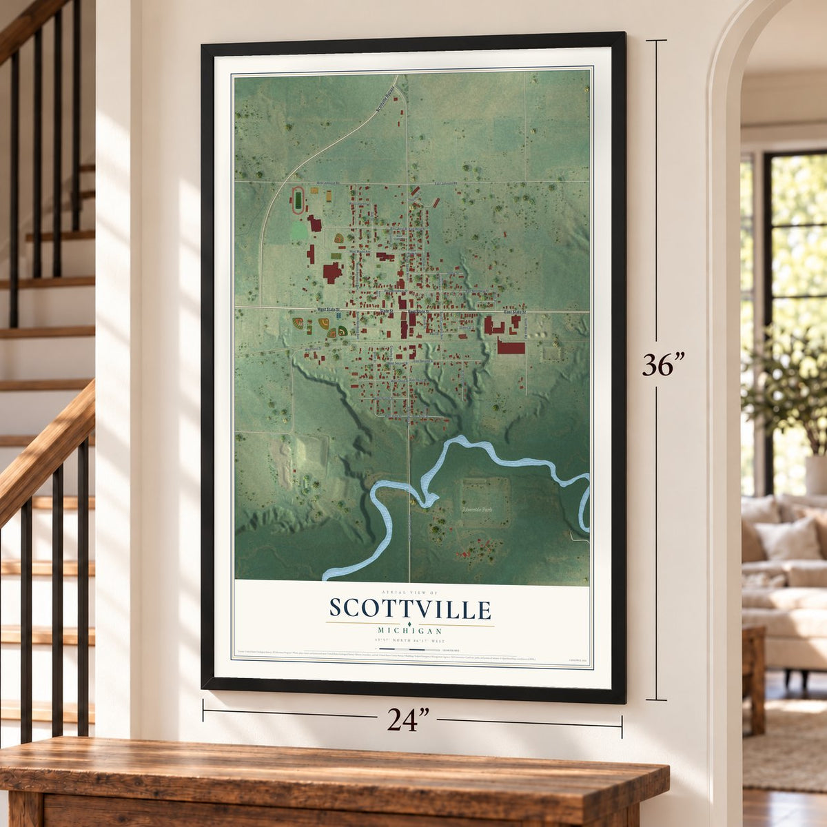 Scottville, Michigan map, 24 x 36 inch print in a black frame by a staircase