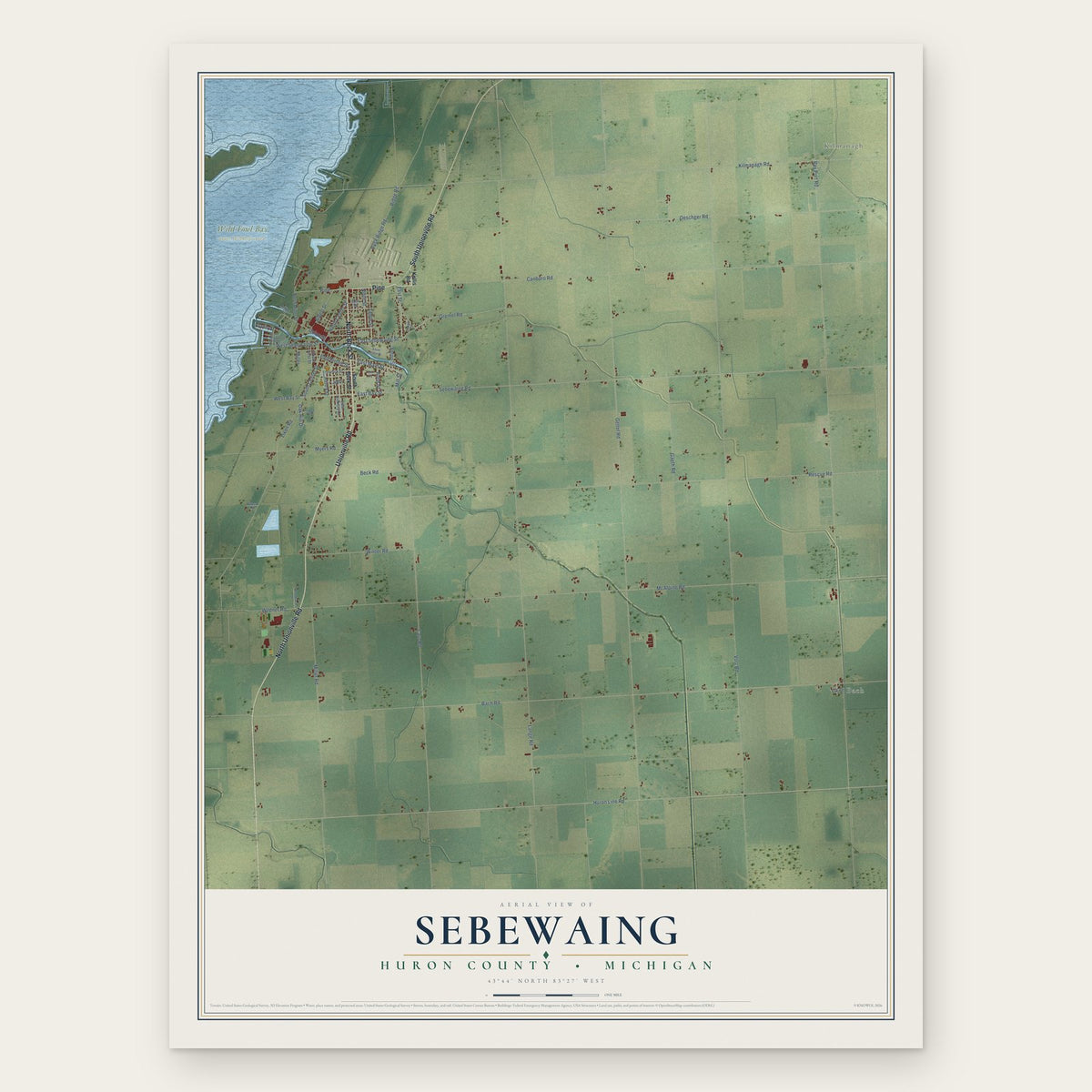 Sebewaing, Huron County, Michigan map print, the full design