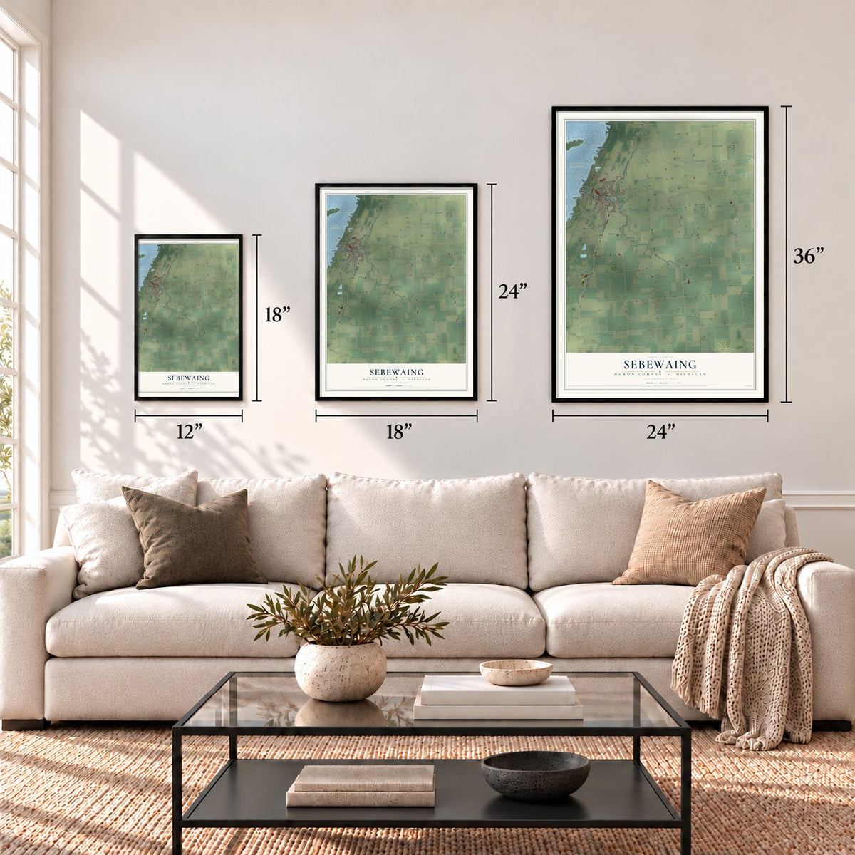 Sebewaing, Huron County, Michigan map in 12 x 18, 18 x 24 and 24 x 36 inch sizes above a sofa