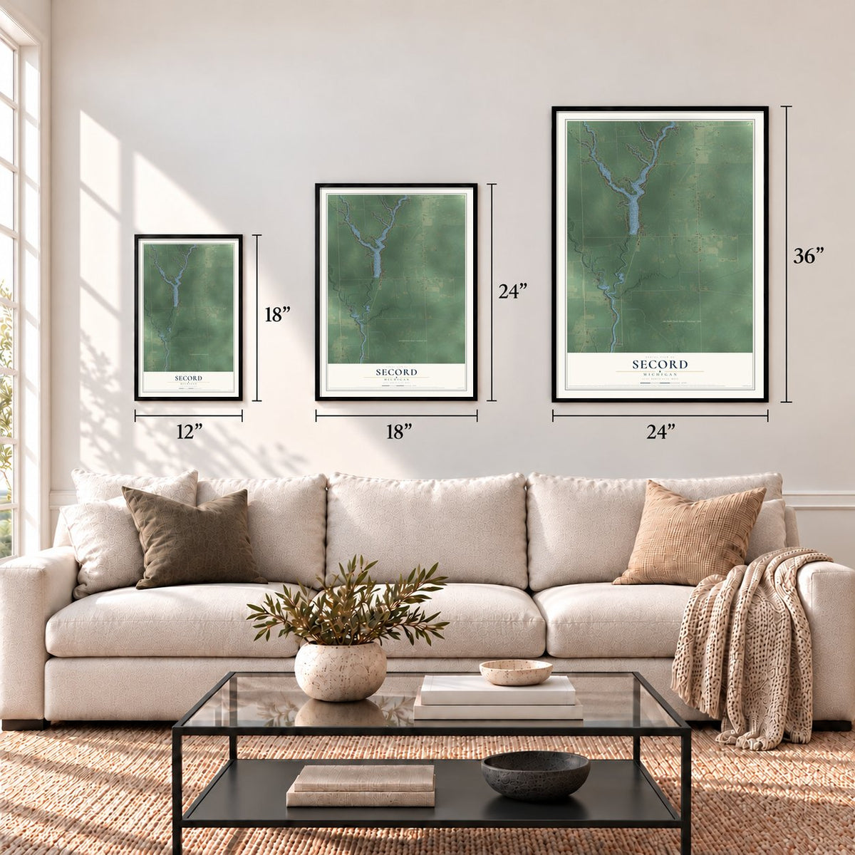 Secord, Michigan map in 12 x 18, 18 x 24 and 24 x 36 inch sizes above a sofa
