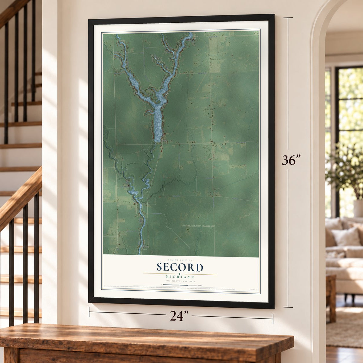 Secord, Michigan map, 24 x 36 inch print in a black frame by a staircase