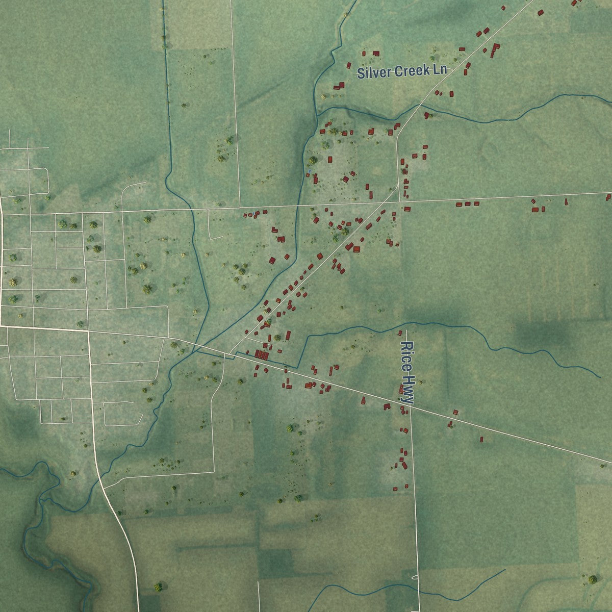 Close-up of the map of Seneca, Michigan print showing street and building detail