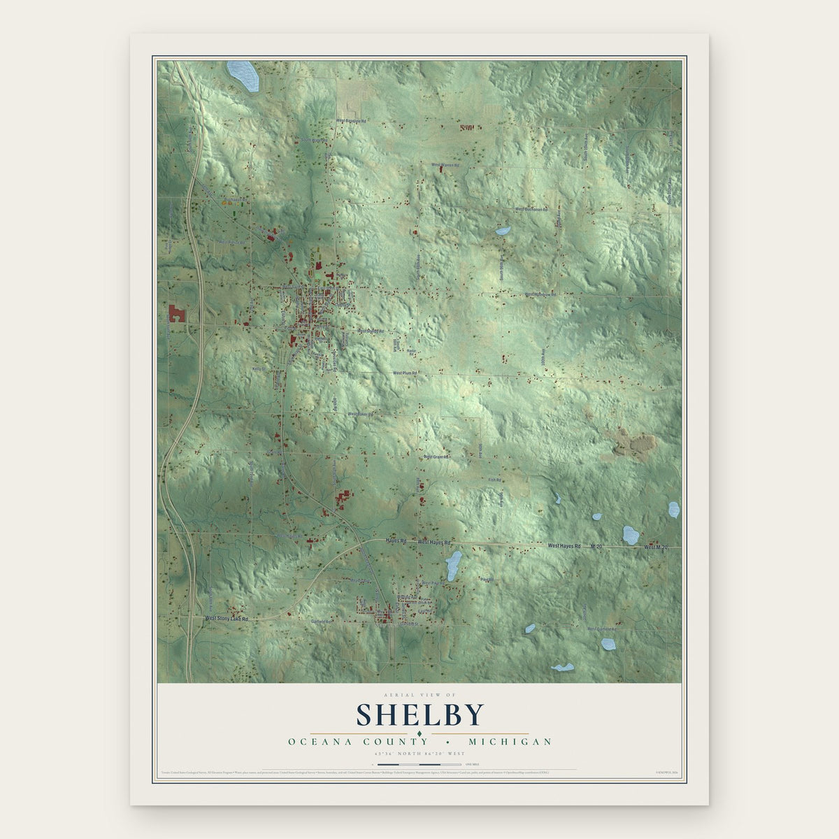 Shelby, Oceana County, Michigan map print, the full design