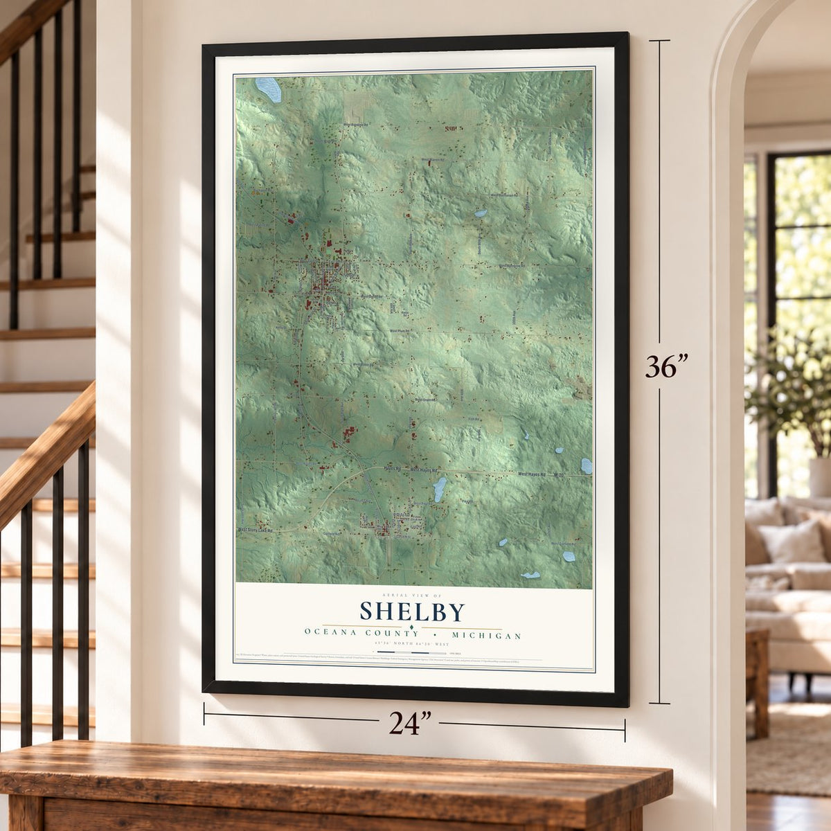 Shelby, Oceana County, Michigan map, 24 x 36 inch print in a black frame by a staircase
