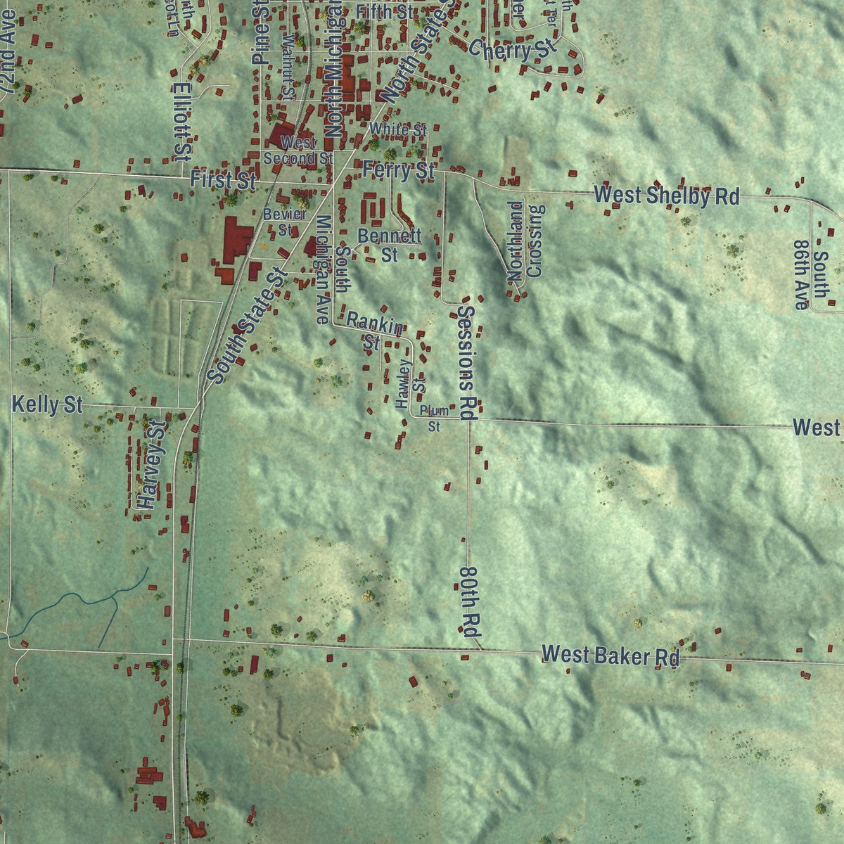 Close-up of the map of Shelby, Oceana County, Michigan print showing street and building detail