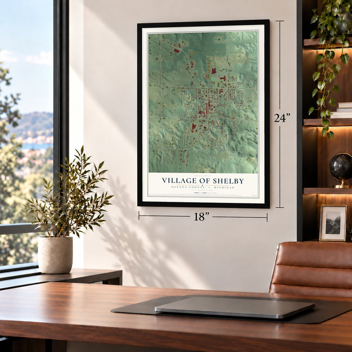 Shelby, Michigan map, 18 x 24 inch print in a black frame in a home office