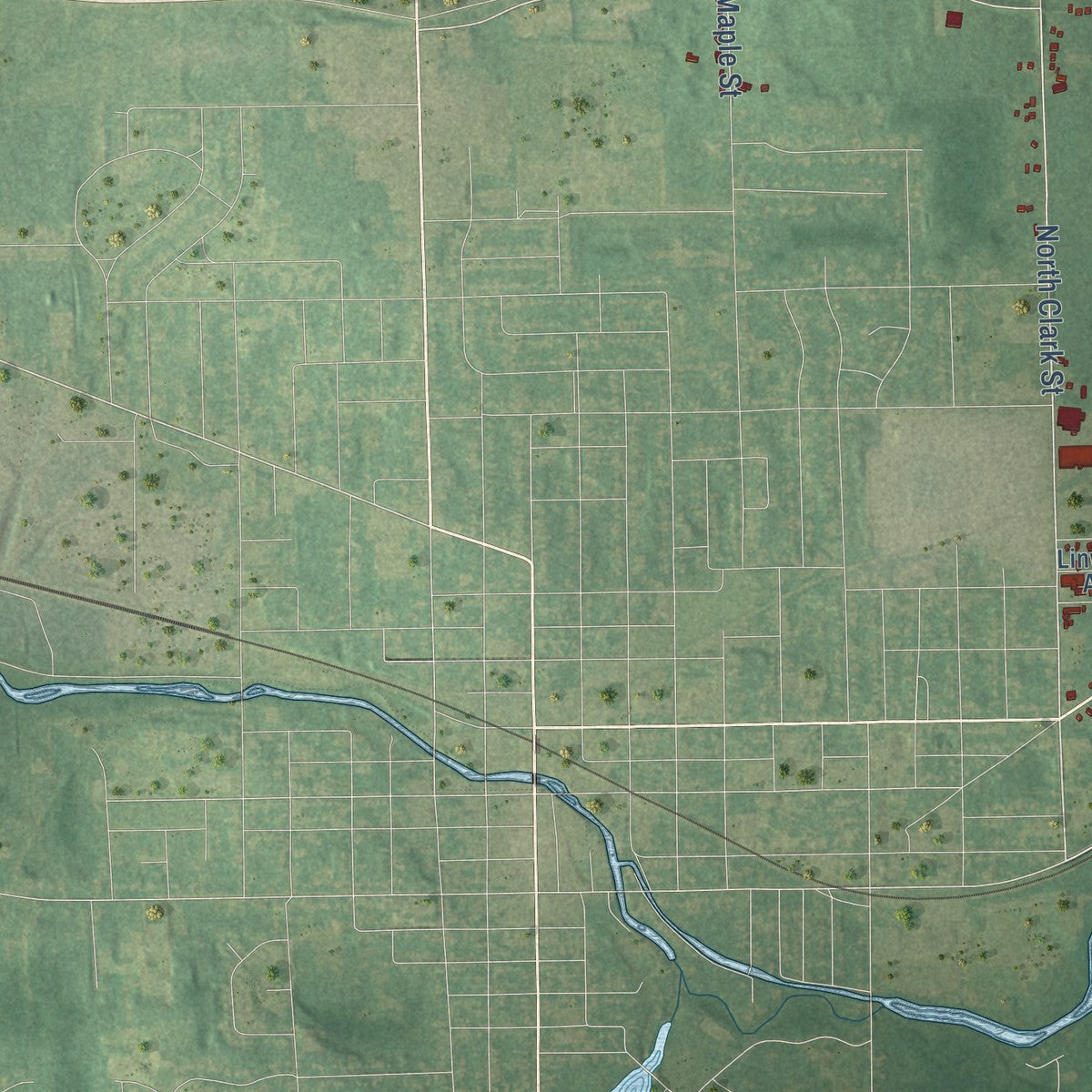 Close-up of the map of Sheridan, Calhoun County, Michigan print showing street and building detail