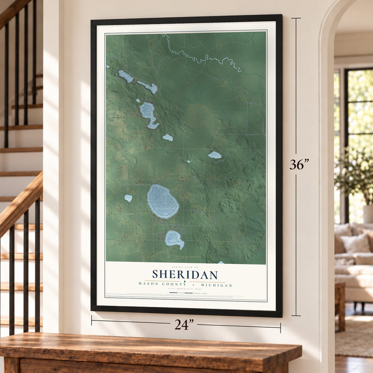 Sheridan, Mason County, Michigan map, 24 x 36 inch print in a black frame by a staircase