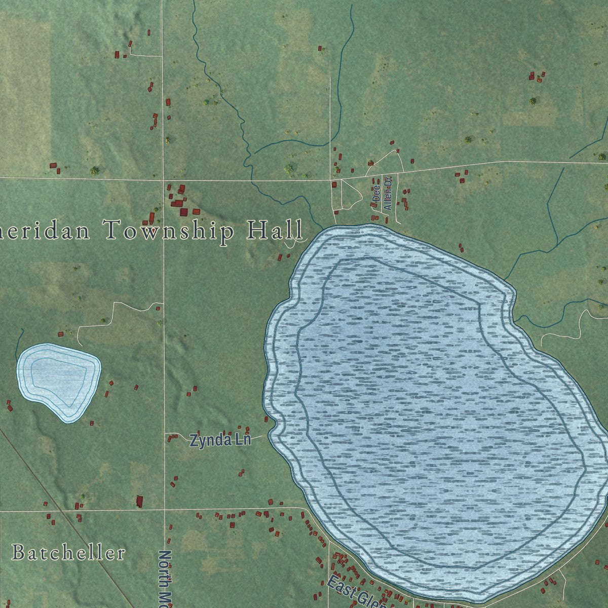 Close-up of the map of Sheridan, Mason County, Michigan print showing street and building detail