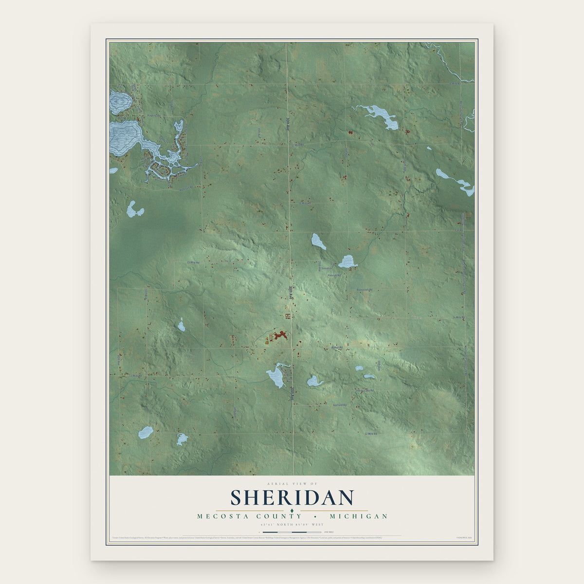 Sheridan, Mecosta County, Michigan map print, the full design