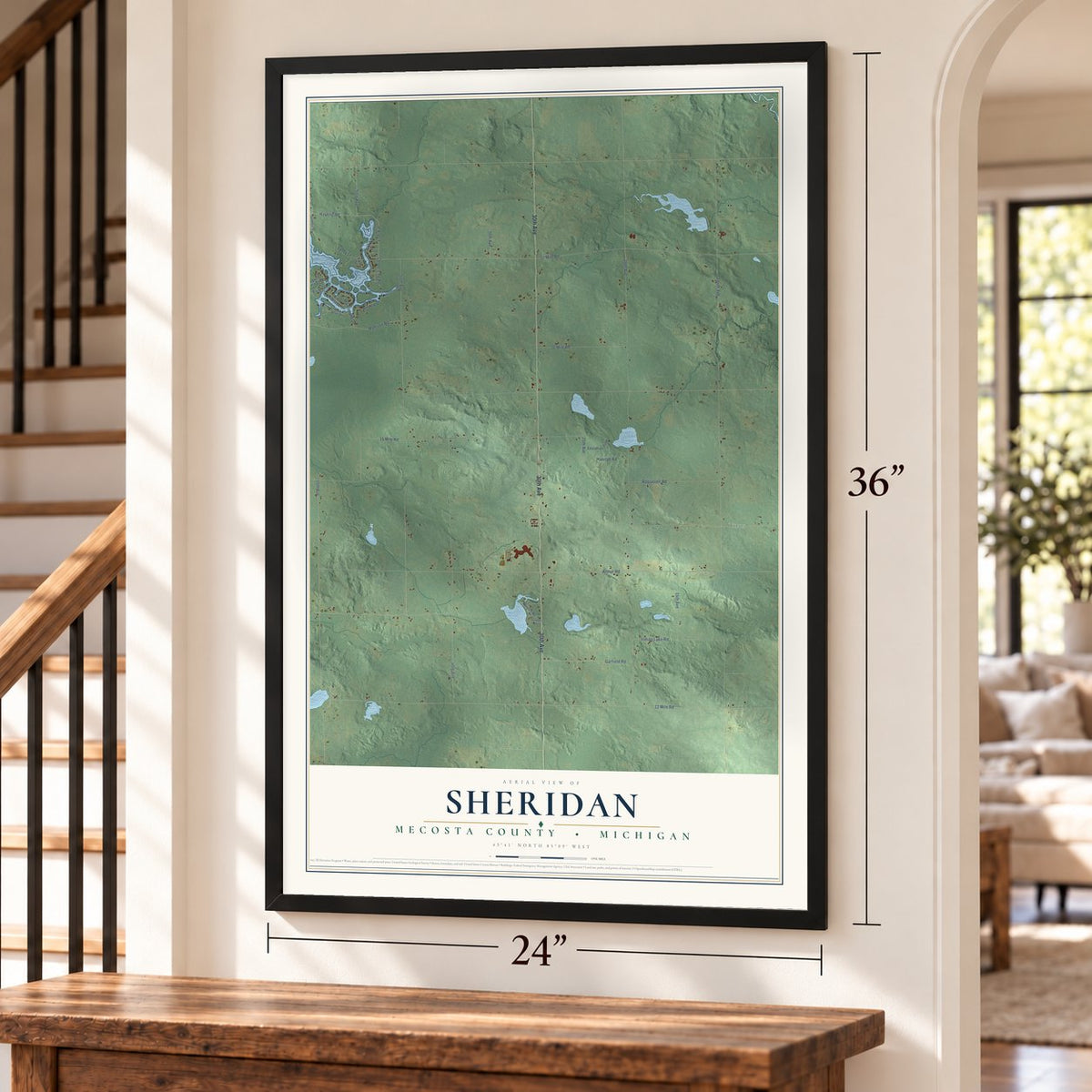 Sheridan, Mecosta County, Michigan map, 24 x 36 inch print in a black frame by a staircase
