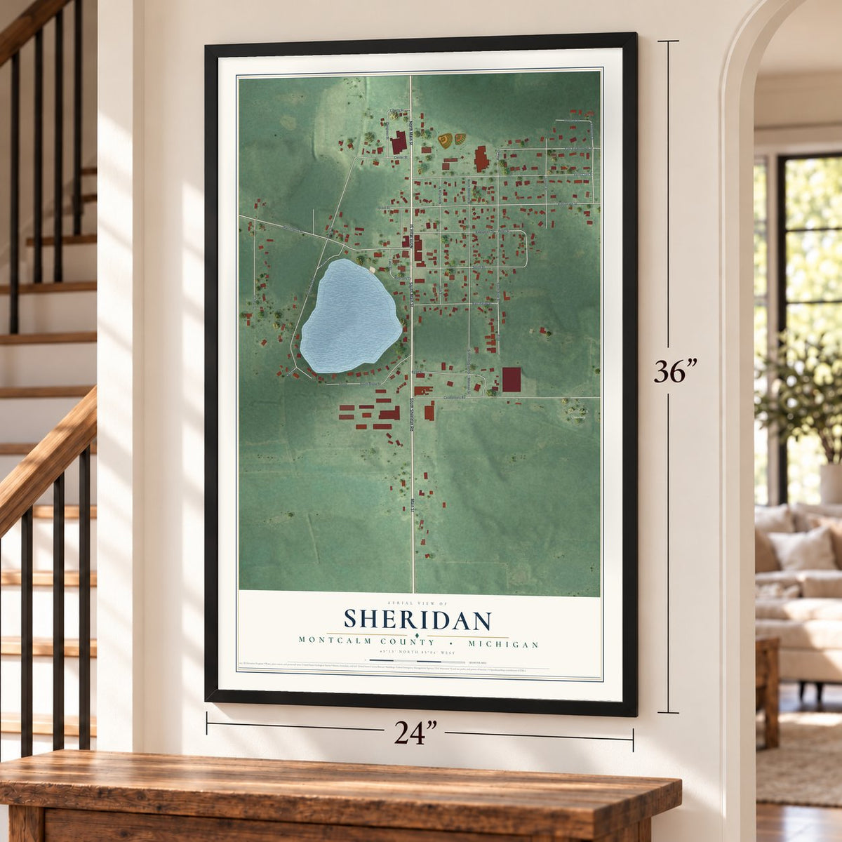 Sheridan, Montcalm County, Michigan map, 24 x 36 inch print in a black frame by a staircase