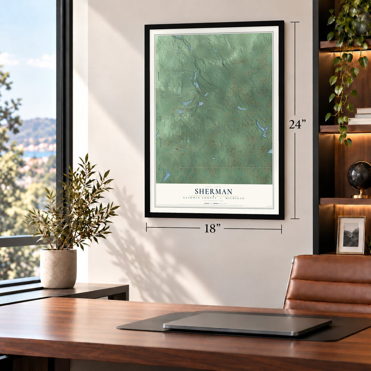 Sherman, Gladwin County, Michigan map, 18 x 24 inch print in a black frame in a home office