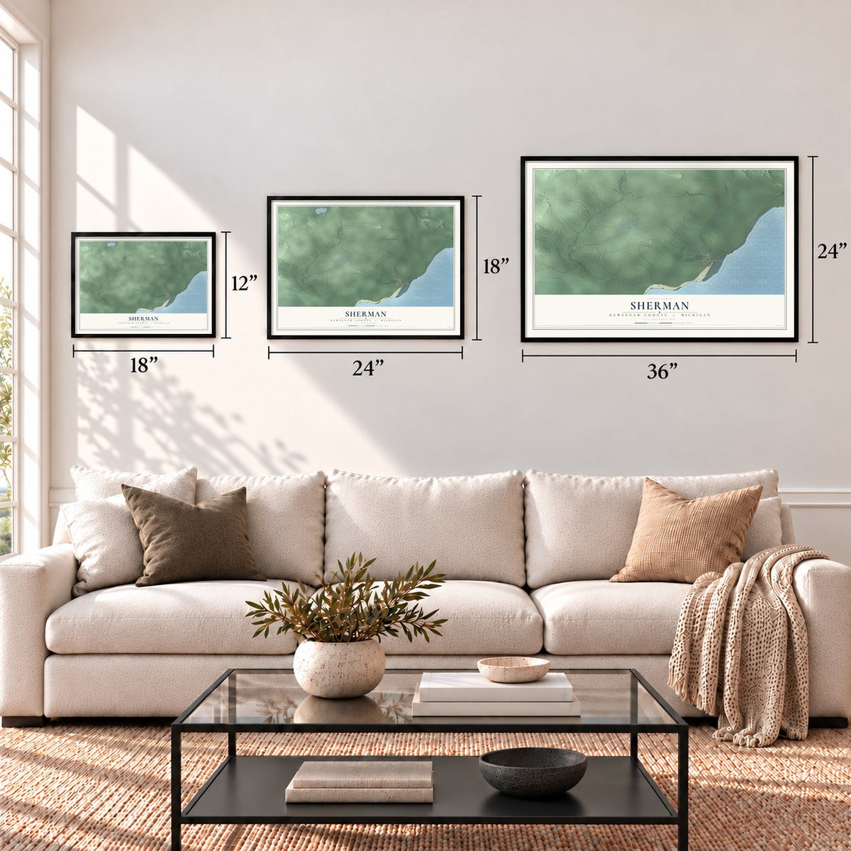 Sherman, Keweenaw County, Michigan map in 12 x 18, 18 x 24 and 24 x 36 inch sizes above a sofa