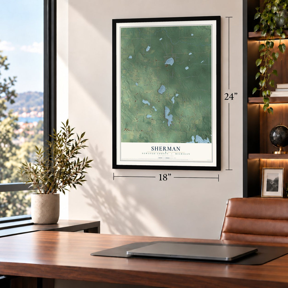 Sherman, Newaygo County, Michigan map, 18 x 24 inch print in a black frame in a home office