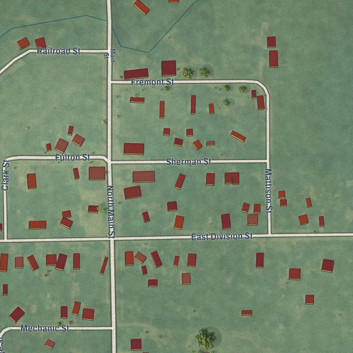Close-up of the map of Sherwood, Michigan print showing street and building detail