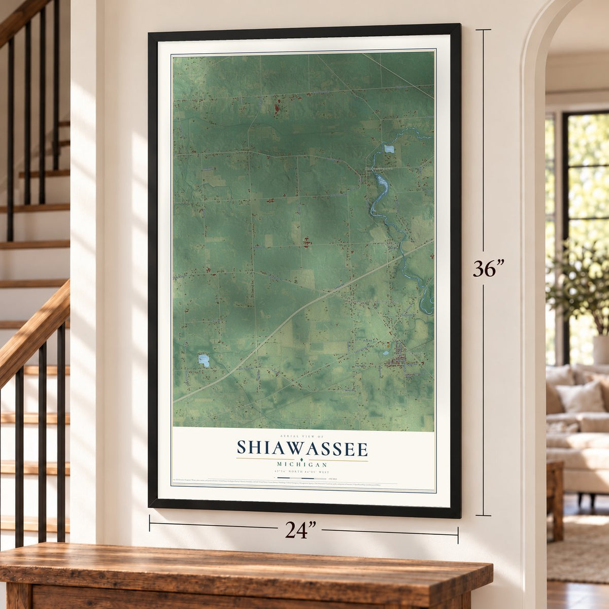 Shiawassee, Michigan map, 24 x 36 inch print in a black frame by a staircase