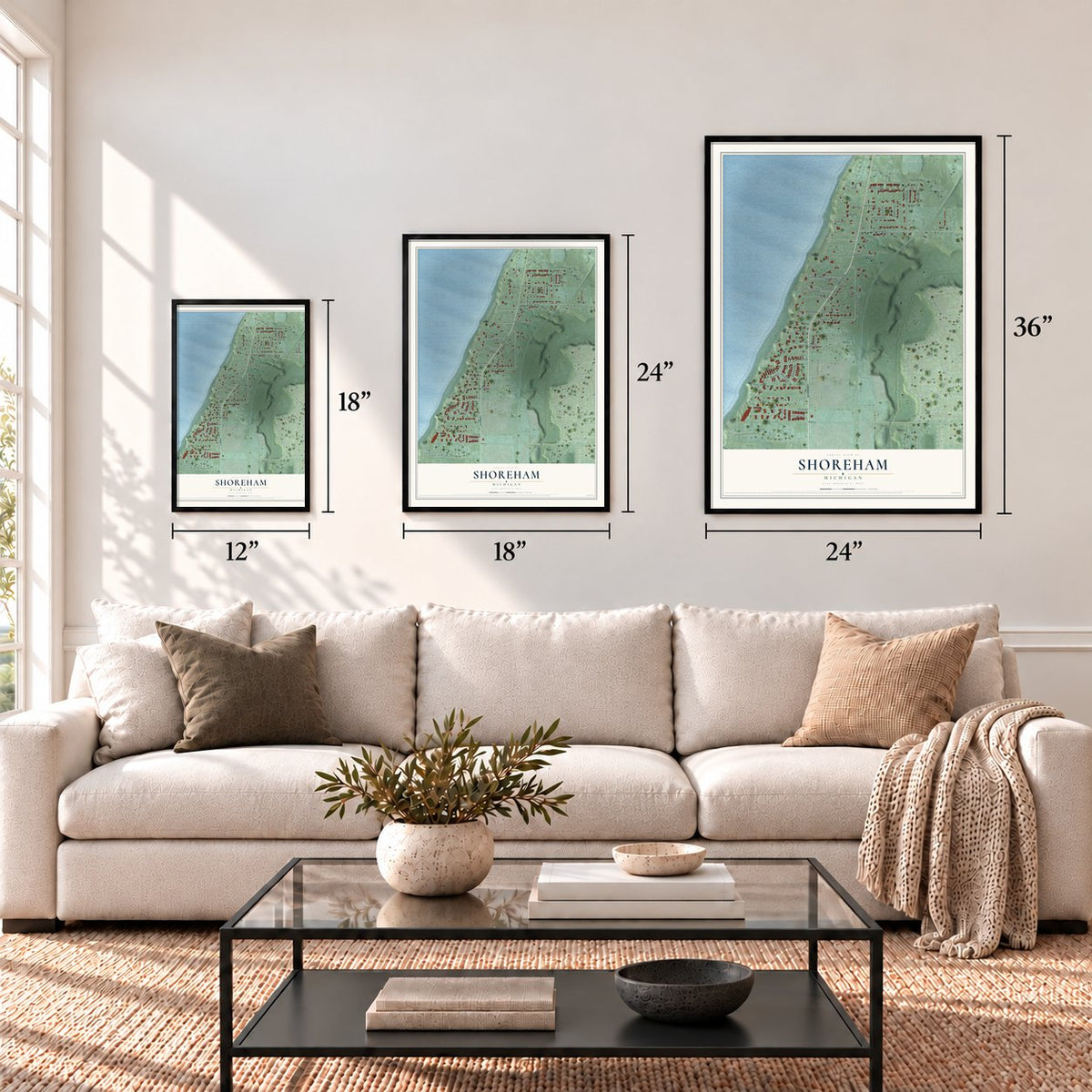 Shoreham, Michigan map in 12 x 18, 18 x 24 and 24 x 36 inch sizes above a sofa