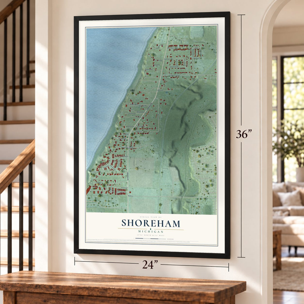 Shoreham, Michigan map, 24 x 36 inch print in a black frame by a staircase