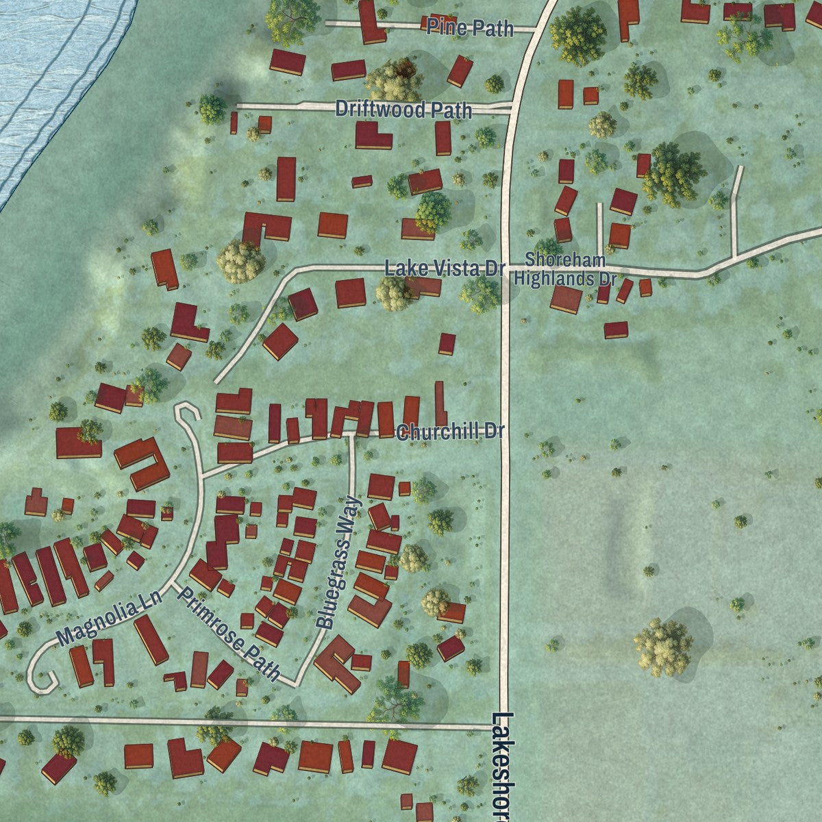 Close-up of the map of Shoreham, Michigan print showing street and building detail