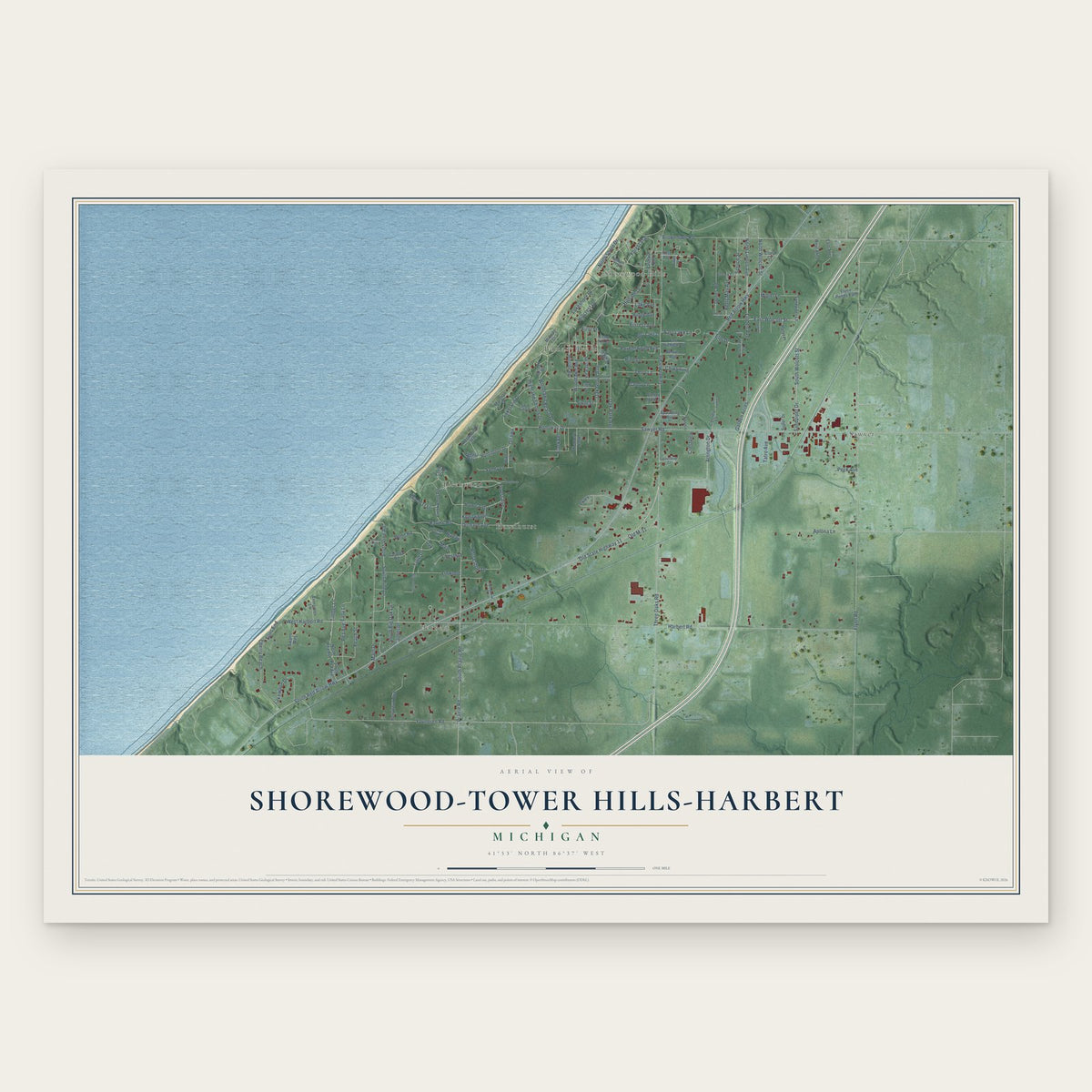 Shorewood-Tower Hills-Harbert, Michigan map print, the full design