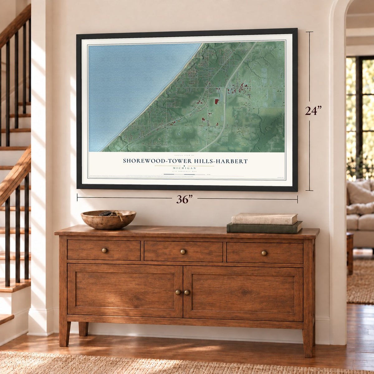 Shorewood-Tower Hills-Harbert, Michigan map, 24 x 36 inch print in a black frame above a dresser by a staircase