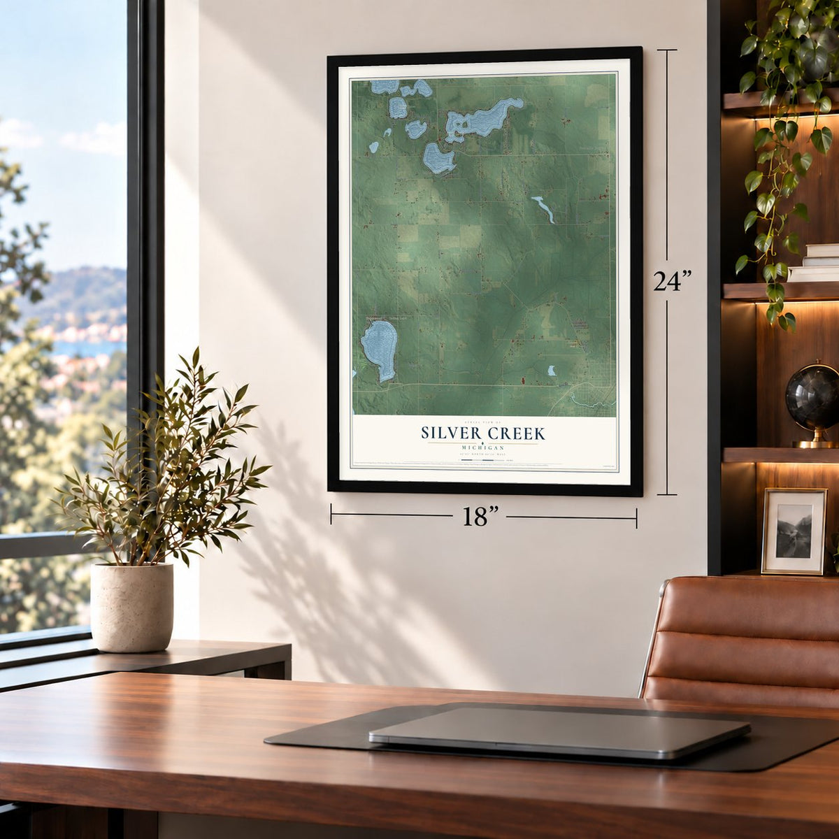 Silver Creek, Michigan map, 18 x 24 inch print in a black frame in a home office